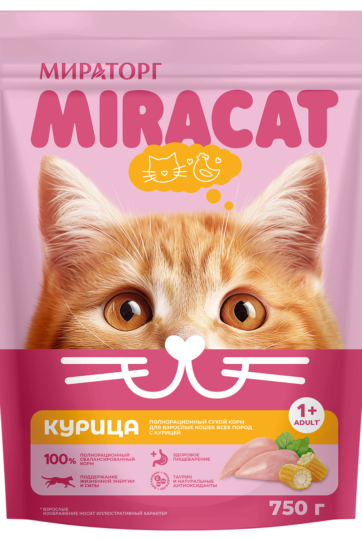 Полнорационный сухой корм Miracat для взрослых кошек всех пород с курицей , 750г
