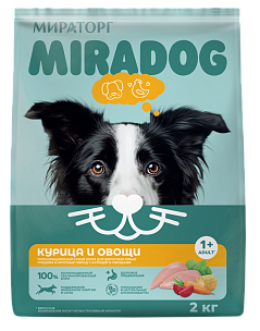 Полнорационный сухой корм Miradog для взрослых собак средних и крупных пород с курицей и овощами, 2кг