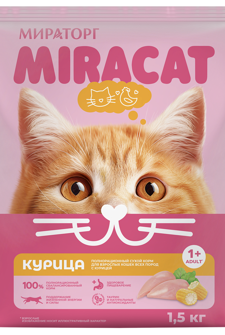 Полнорационный сухой корм Miracat для взрослых кошек всех пород с курицей, 1,5кг