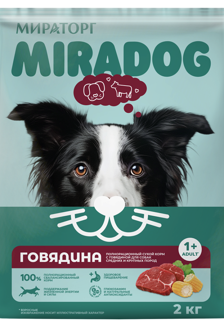 Полнорационный сухой корм Miradog  для взрослых собак средних и крупных пород с говядиной, 2кг