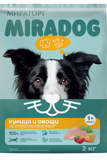 Полнорационный сухой корм Miradog для взрослых собак средних и крупных пород с курицей и овощами, 2кг