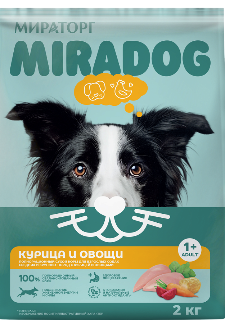 Полнорационный сухой корм Miradog для взрослых собак средних и крупных пород с курицей и овощами, 2кг