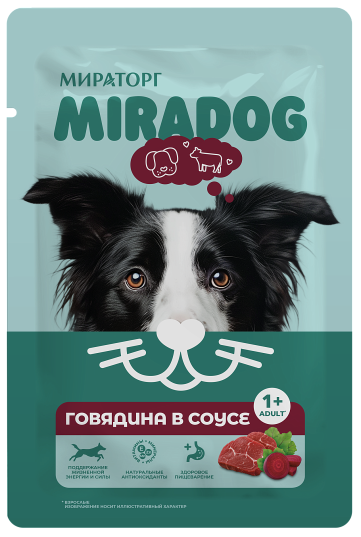 Корм консервированный полнорационный Miradog для взрослых собак всех пород с говядиной в соусе, 75г